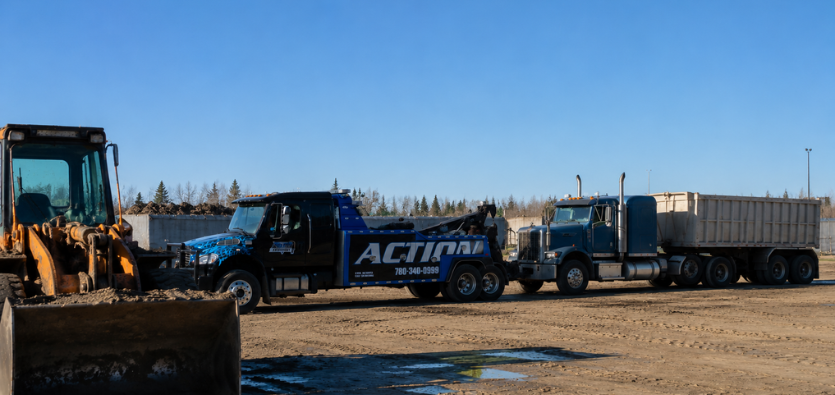 Action Towing heavy-duty tow truck parked beside a commercial dump truck and construction equipment at an industrial site in Edmonton, Alberta.