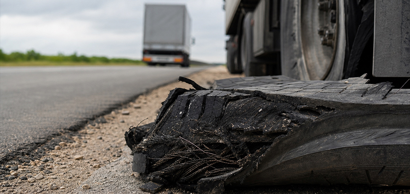 Shredded tire rubber debris lying on the highway shoulder after a severe tire blowout on a commercial vehicle, illustrating emergency roadside towing by Action Towing Service.